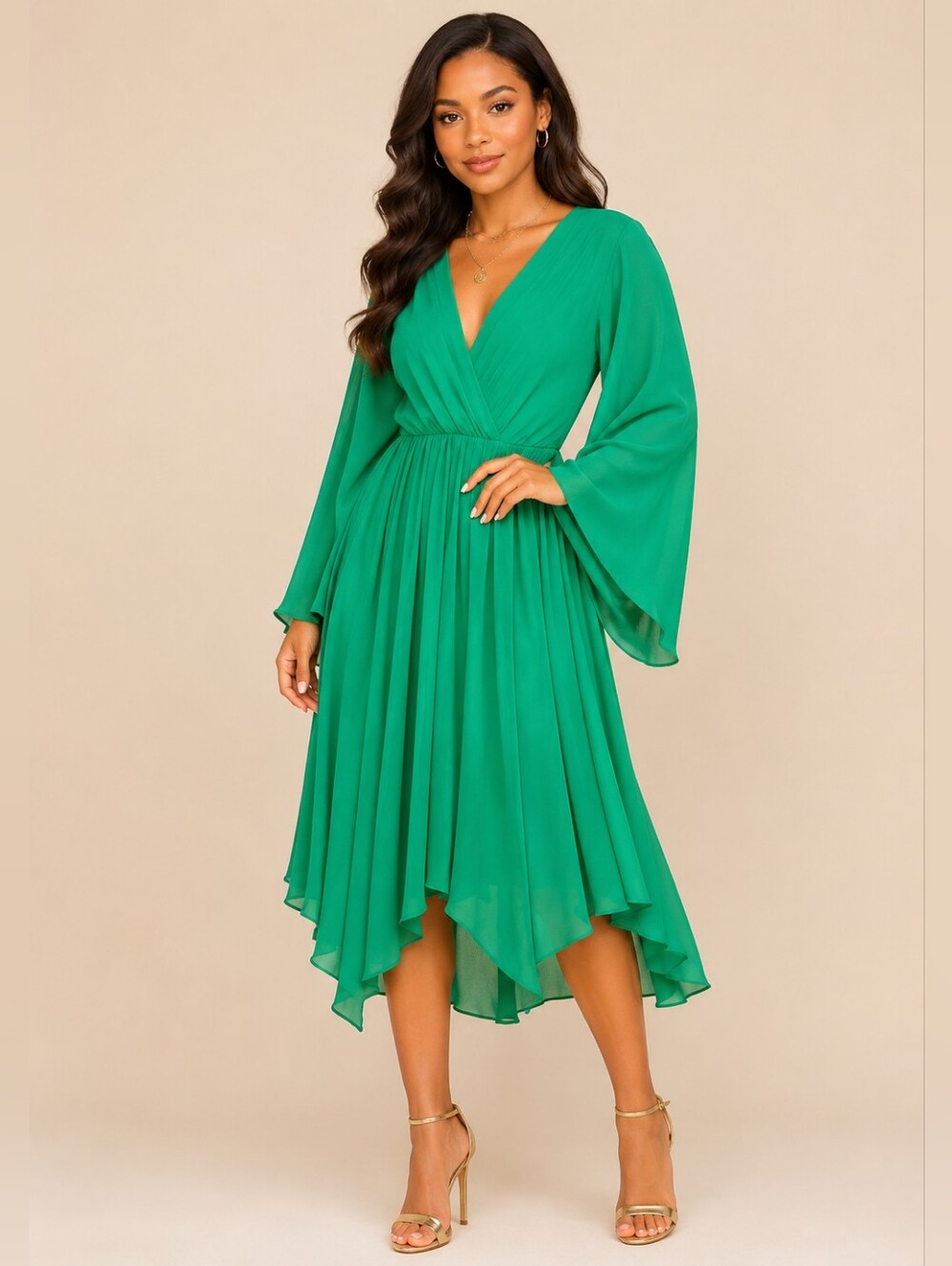 Meghan LA Emerald Green High-Low V-Neck Dress